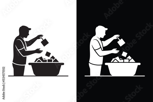 Man doing laundry in a basin. Black and white illustration for a flyer.