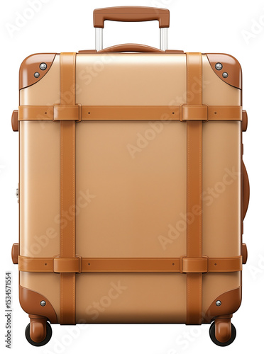 Full-size beige suitcase with brown straps wrapped around it, shown frontally on a transparent background.