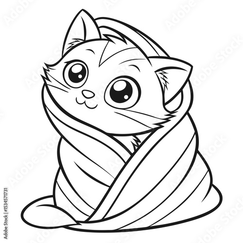 Outlined kitten sits happily wrapped comfortably inside a warm striped blanket, black on white