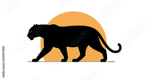Panther silhouette walking with orange sun background vector illustration 