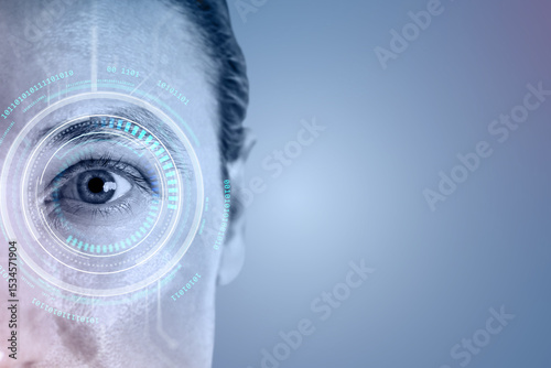 Human eye with digital biometric scanning interface and futuristic HUD elements for secure identity verification on blue background concept. photo
