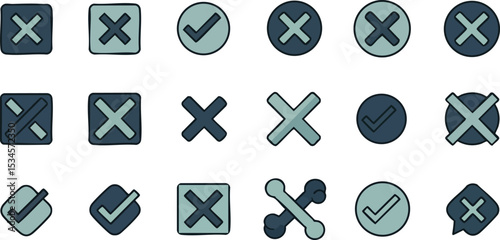 Hand drawn check marks and cross icons set in blue and gray vector illustration collection 