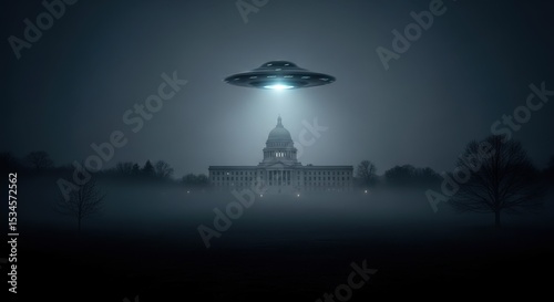 Ufo flying over white house, mysterious spacecraft above capitol hill. Extraterrestrial landing, alien invasion, conspiracy theory, government secret.