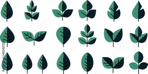 Various green leaves vector icons with flat style and simple design elements 