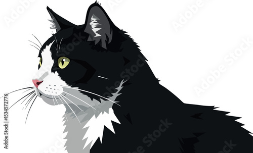 Black and white cat profile vector illustration with yellow eyes in portrait orientation 