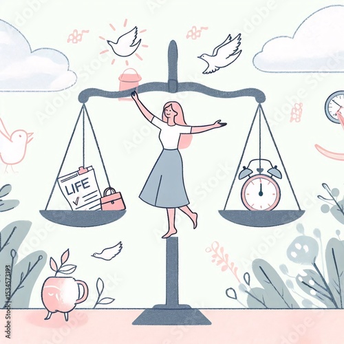 Woman balancing on scale with clock and bird