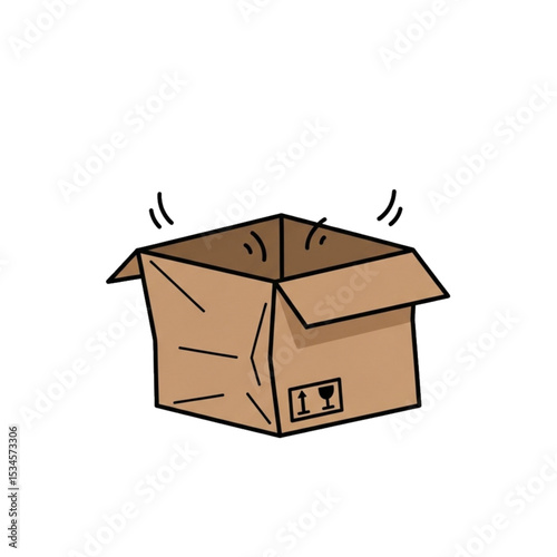 Open cardboard box with bent flaps, indicating use or unpacking.