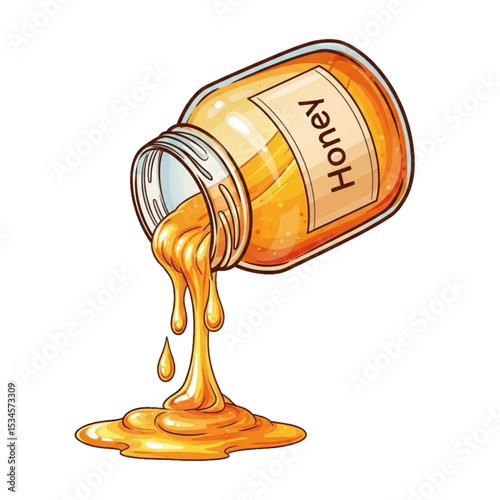 Honey spilling out of a tipped jar, making a sticky mess.