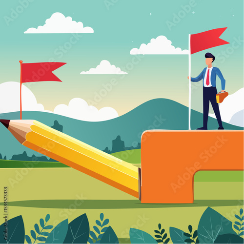 Workflow or working process, project progress, milestone or achievement tracking, work experience or journey concept, businessman using pencil to draw workflow line with achievement flag milestone
