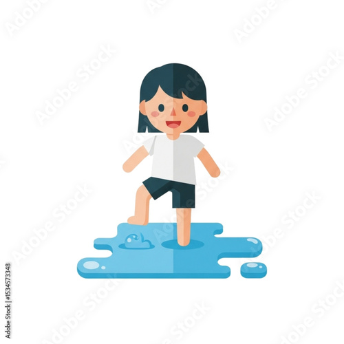 Child standing in a puddle of water indoors.