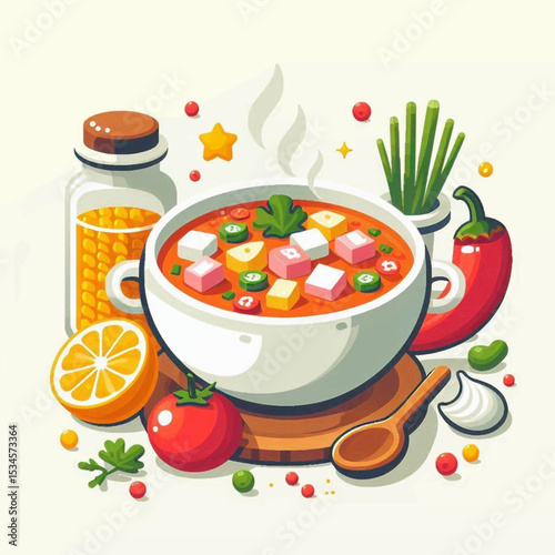 Cartoon soup bowl on wood with condiments including lemon chili pepper and herbs steaming