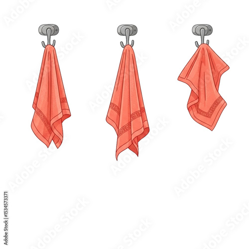 Three red towels hang on different hooks.