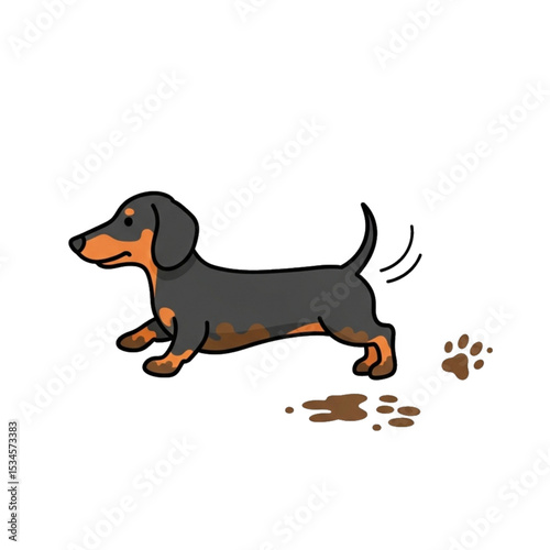 Dog leaving muddy paw prints while walking.