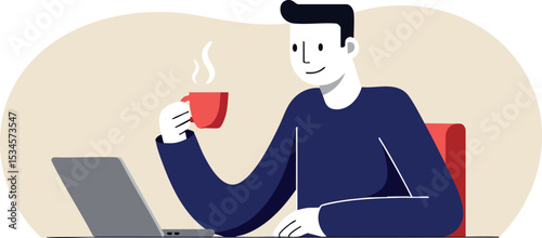 Man enjoying hot coffee while working on laptop in casual workspace vector illustration 