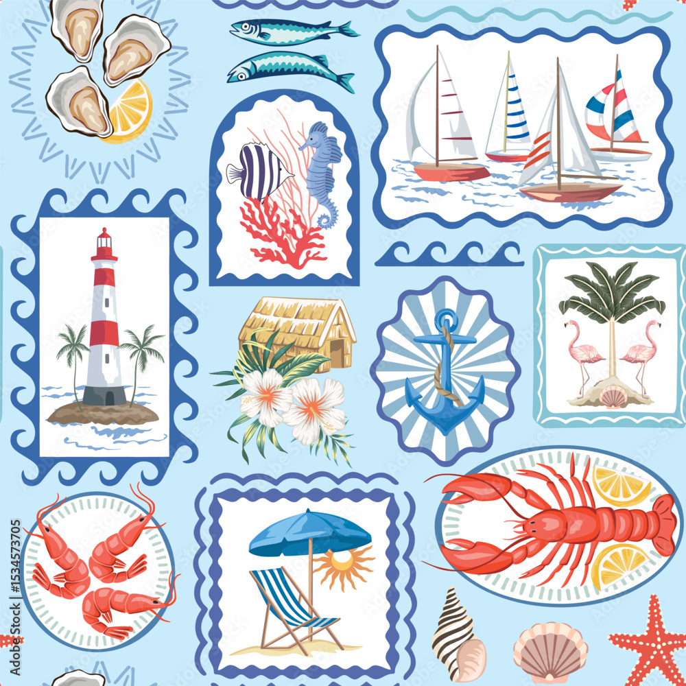 Sailboat, palms, flamingo, lighthouse, fish, anchor, lobster, shrimp, oyster, wave, island, hibiscus flower, shell, chaise lounge, umbrella in the frames seamless pattern. Summer patchwork wallpaper.