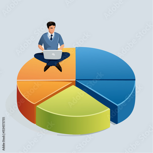 Investment pie chart asset allocation for diversification, financial percentage distribution, budget or marketing analysis chart diagram concept, businessman working with computer laptop on pie char