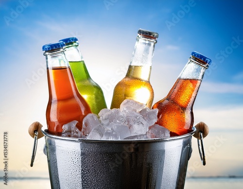 bottles of cool drinks in ice bucket