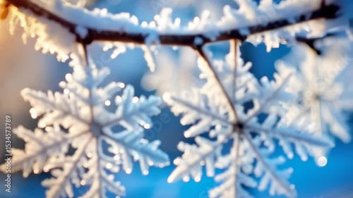 Frozen snowflakes hanging from frosty branch, illuminated by soft morning sun, creating dreamy winter season scenery with icy details.