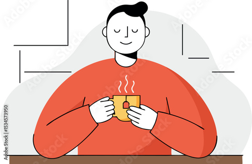 Man enjoying hot coffee drink in red sweater peaceful moment vector illustration 