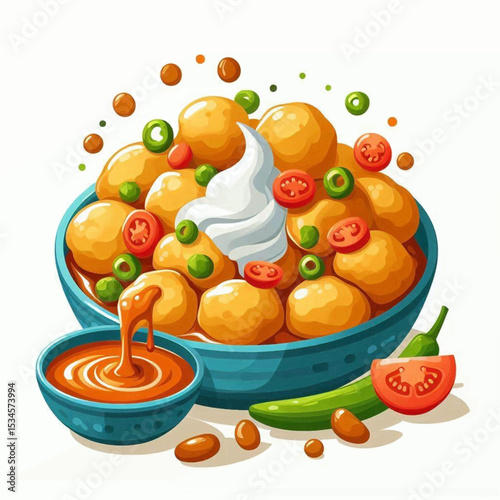 Cartoonstyle food image a vibrant blue bowl filled with golden spheres adorned with white cream and sliced tomatoes