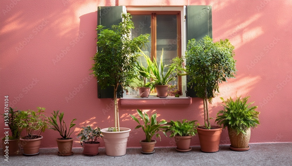 Naklejka premium potted plants by a window on pink wall