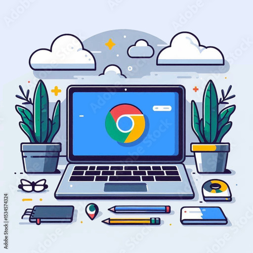 Cartoonstyle laptop with the Chrome logo displayed on the blue screen