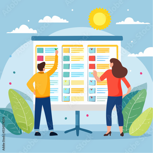Review work progress on kanban board, todo list, in progress task and finished one, project management or planning for production concept, business people review project progress on kanban boar