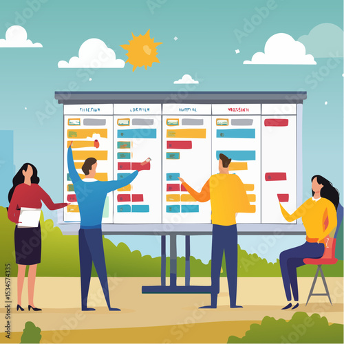 Review work progress on kanban board, todo list, in progress task and finished one, project management or planning for production concept, business people review project progress on kanban boar