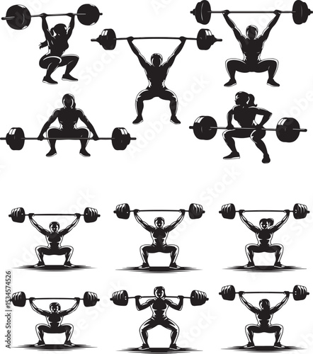 Female Weightlifting Silhouettes – Barbell Exercise Vector Set for Fitness Design