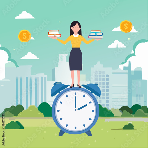 Productive woman, multitasking or time management professional, productivity or entrepreneurship, work efficiency or organize schedule, productive businessman woman balance on clock managing task