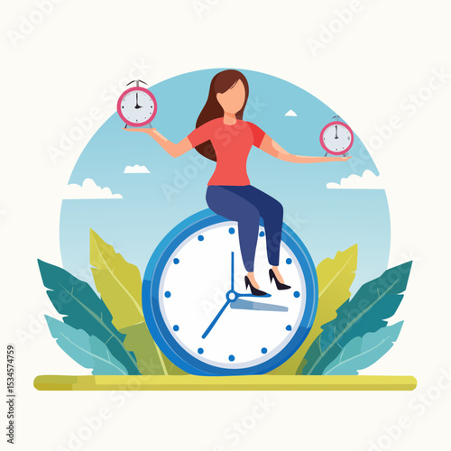 Productive woman, multitasking or time management professional, productivity or entrepreneurship, work efficiency or organize schedule, productive businessman woman balance on clock managing task