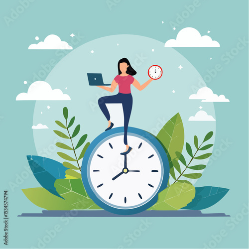 Productive woman, multitasking or time management professional, productivity or entrepreneurship, work efficiency or organize schedule, productive businessman woman balance on clock managing task