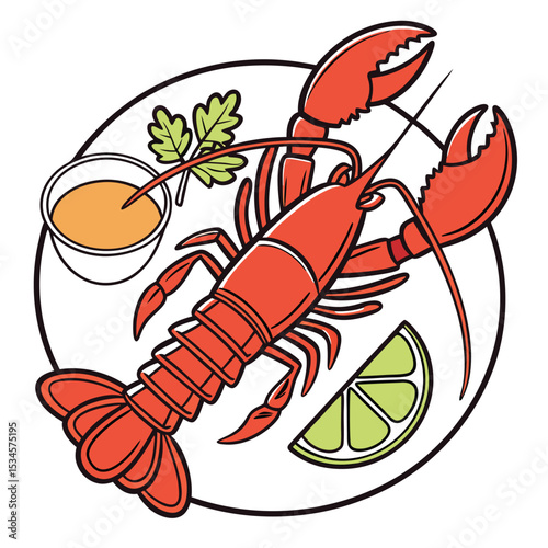 Cartoon illustration shows a red lobster with a side of lime and sauce