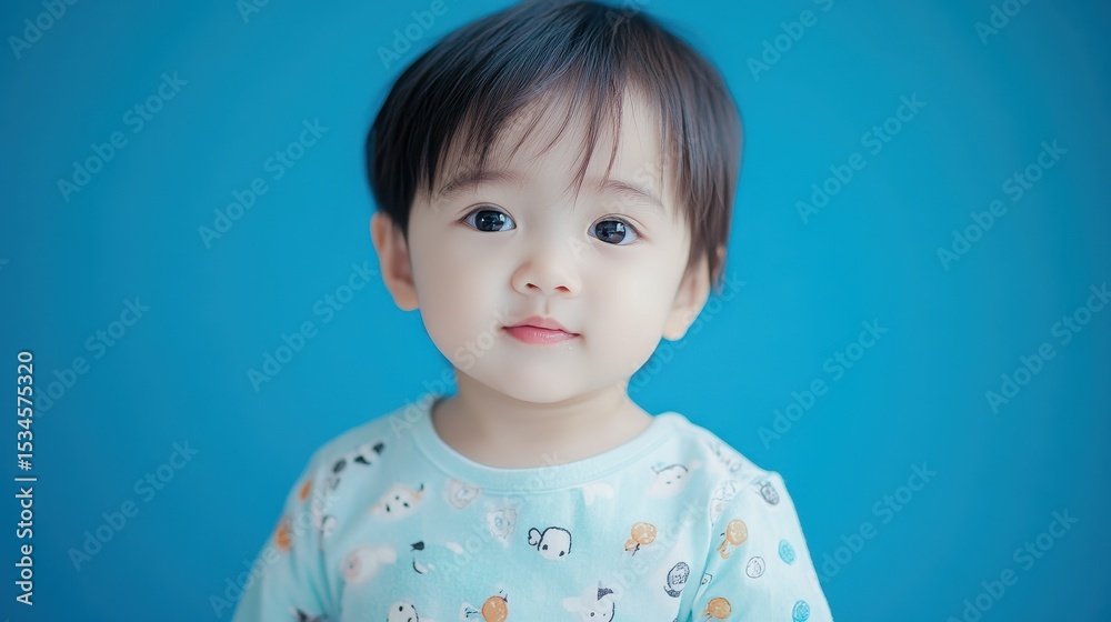 Adorable Filipino Child Smiling Joyfully Against a Vibrant Blue Backdrop Adorable Filipino Child Smiling Joyfully Against a Vibrant Blue Backdrop
