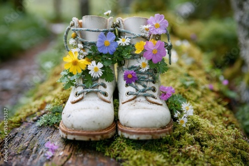 White hiking boots adorned with colorful wildflowers are placed on a mossy log in a lush forest, showcasing a unique blend of nature and footwear design