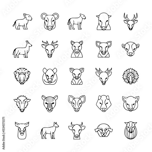 Graphic showcases 25 minimalist line drawings of various animal faces and figures in a simple gridlike arrangement