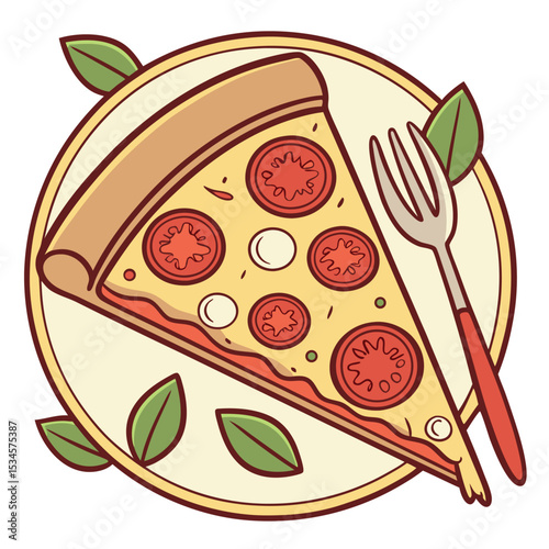 Pizza slice with tomatoes and mozzarella sits on plate with fork and leaves