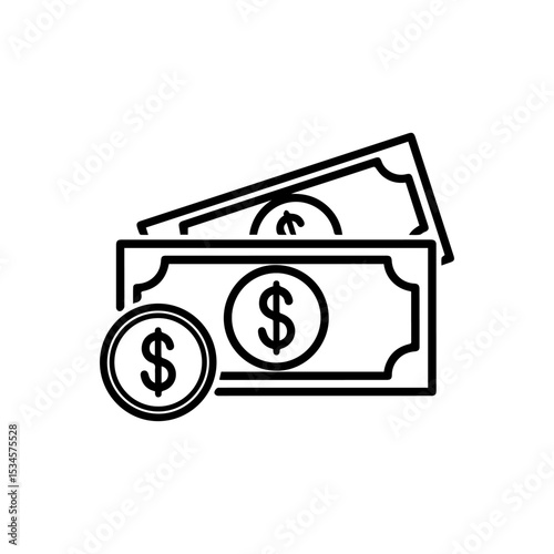 Line drawing of money with bills and coins featuring dollar signs