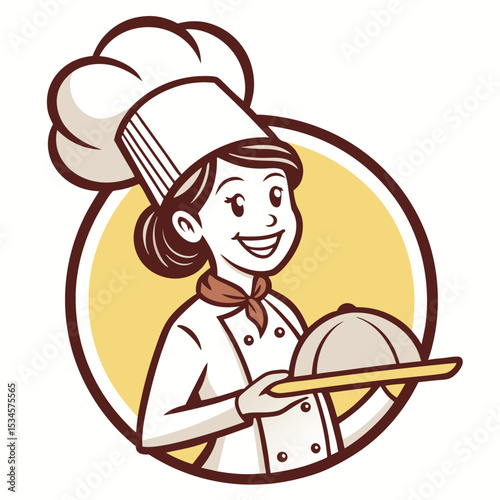 Smiling female chef carrying a covered plate with a delightful transparent background is visible