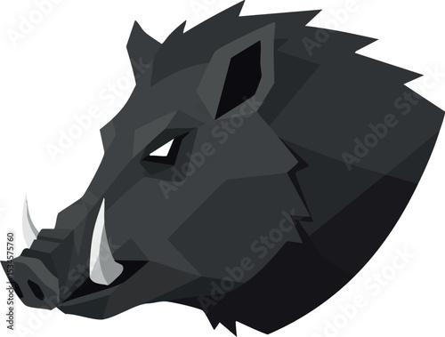 Wild boar head digital vector illustration with dark grey shades and sharp features 