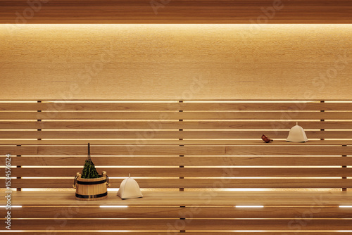Fototapeta Naklejka Na Ścianę i Meble -  Wooden sauna interior with traditional wellness accessories on benches in warm backlit lighting for healthy relaxation and spa treatment concept. 3D Rendering
