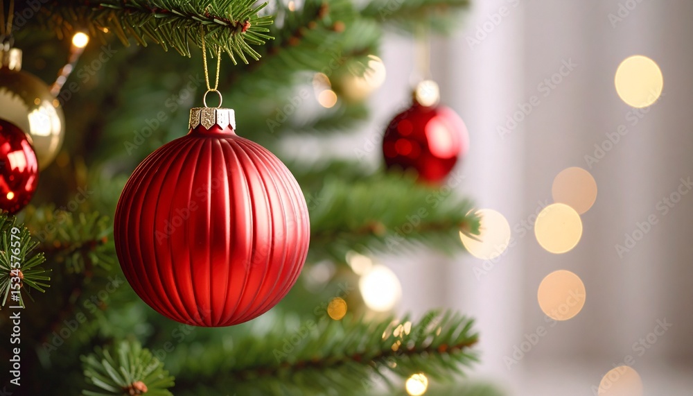 Fototapeta premium Red Christmas bauble on Christmas tree.