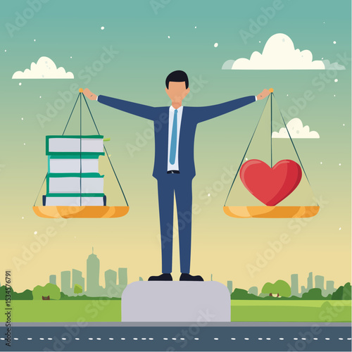 Work life balance, working lifestyle compromise with family or personal health, choice or balance between work stress and relaxation concept, businessman balance himself with heart and briefcas