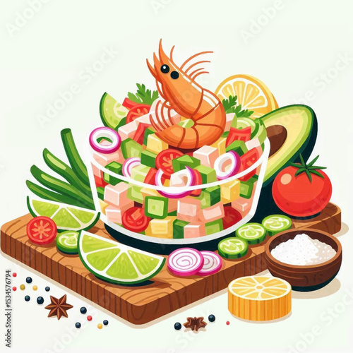 Shrimp ceviche in a glass bowl surrounded by fresh ingredients on a wooden board
