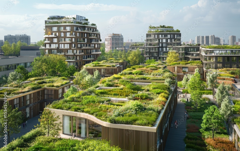 Fototapeta premium A detailed visualization of urban green spaces and rooftop gardens highlighting environmental importance.