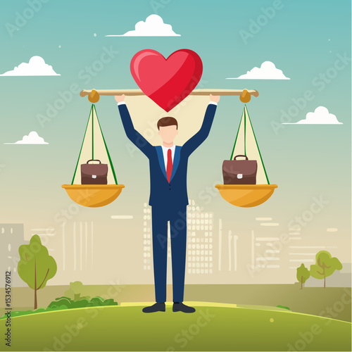 Work life balance, working lifestyle compromise with family or personal health, choice or balance between work stress and relaxation concept, businessman balance himself with heart and briefcas