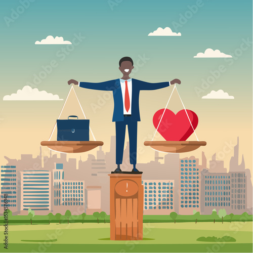 Work life balance, working lifestyle compromise with family or personal health, choice or balance between work stress and relaxation concept, businessman balance himself with heart and briefcas