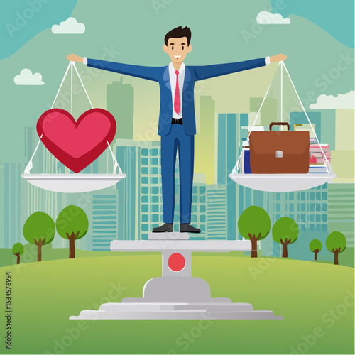 Work life balance, working lifestyle compromise with family or personal health, choice or balance between work stress and relaxation concept, businessman balance himself with heart and briefcas