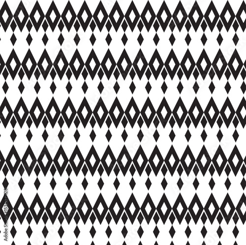 black and white seamless background, repeating pattern, primarily of diamond shapes, interconnected diamonds, diamond shapes appearing to hang or drop, vertical stacking effect, geometric forms,