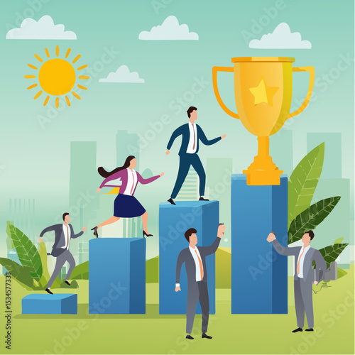 Growth to success, team achievement or teamwork to achieve target, career development or business strategy to win or victory, growing business concept, business people running up graph to troph